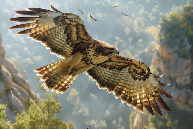 un pájaro volando sobre un bosque con un pez en sus garras