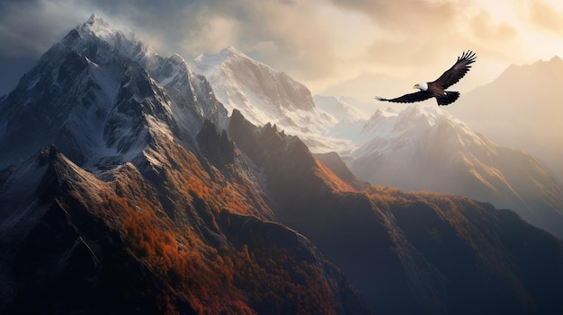 Un pájaro volando sobre una cordillera con el sol brillando en la montaña.