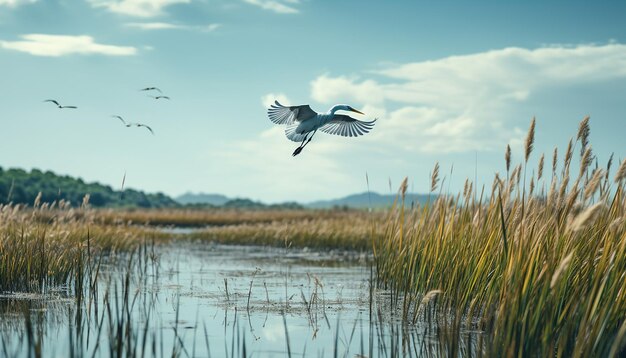 un pájaro volando sobre un cuerpo de agua con un fondo de cielo