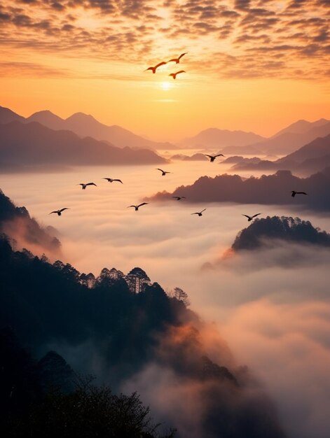 un pájaro volando sobre las montañas de niebla al atardecer generativo ai