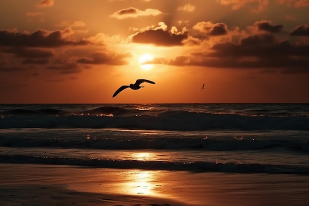 Un pájaro volando sobre el océano con la puesta de sol detrás de él.