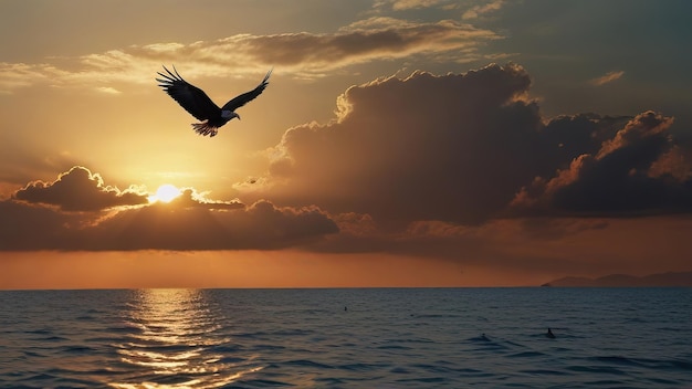 un pájaro volando sobre el océano con una puesta de sol en el fondo