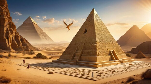 Un pájaro volando sobre una pirámide en el desierto