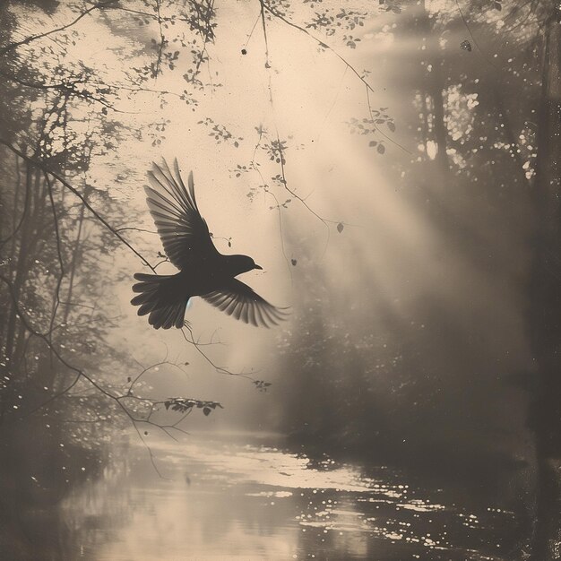 Foto pájaro volando sobre un río en el bosque primer plano de la paloma de madera