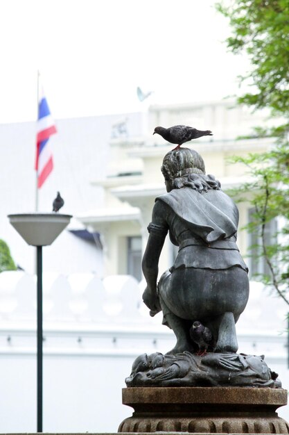 El pájaro voló hacia la estatua.