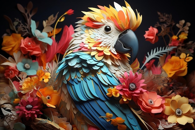 Los pájaros 3D lindos y el loro floral AI generativa