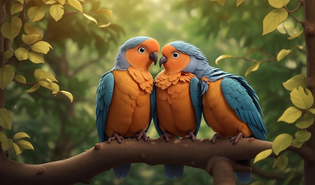 Los pájaros de amor lindos sentados en la rama de un árbol en el bosque