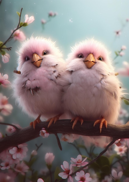 Pájaros del amor Un pájaro rosa se sienta en una rama con flores rosas