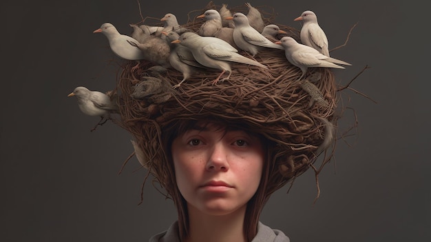 Pájaros anidados en la cabeza Una imagen caprichosa y única de una mujer con amigos emplumados