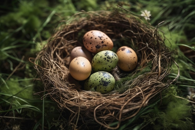 Los pájaros anidan con huevos en medio de un campo verde creado con tecnología de IA generativa