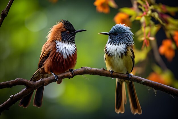 Los pájaros de colores se alzan en los árboles