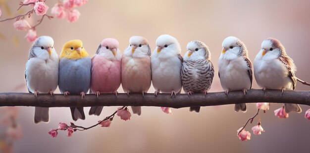 Los pájaros de colores en una rama del árbol al atardecer