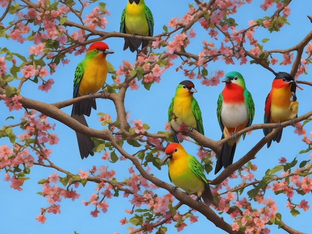 Foto los pájaros de colores se sientan en las ramas del árbol