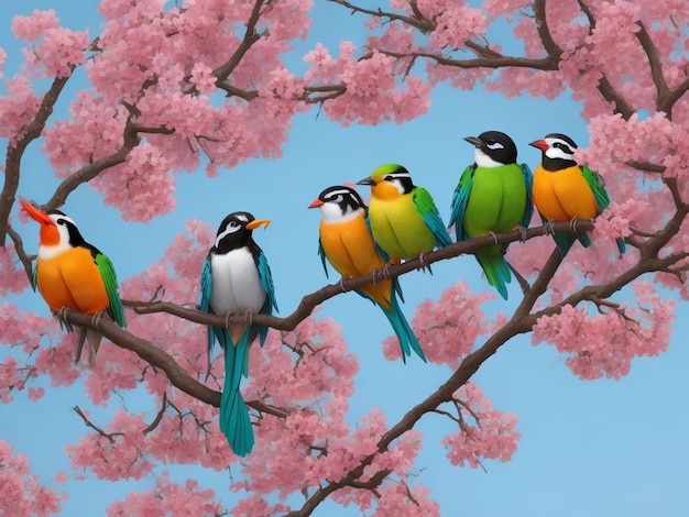 Los pájaros de colores se sientan en las ramas del árbol