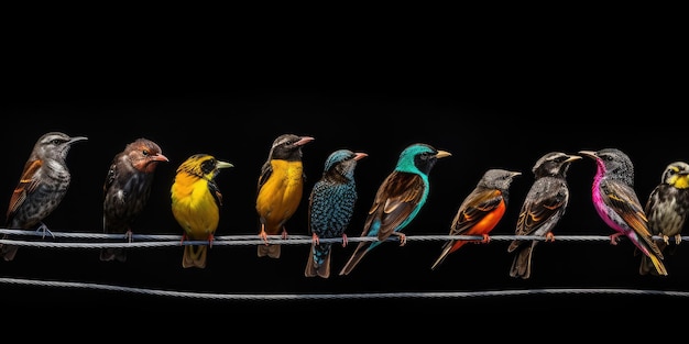 Foto pájaros coloridos en un cable telefónico de diferentes colores