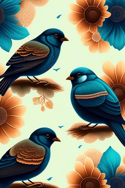 Foto pájaros coloridos y flores en papel negro pálido ilustración muy detallada boceto concepto de arte i