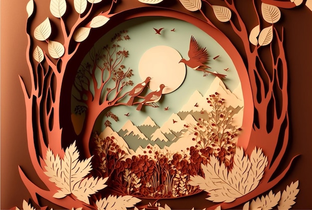 Pájaros decorativos de papel de Japón en los árboles Ilustración generativa de IA