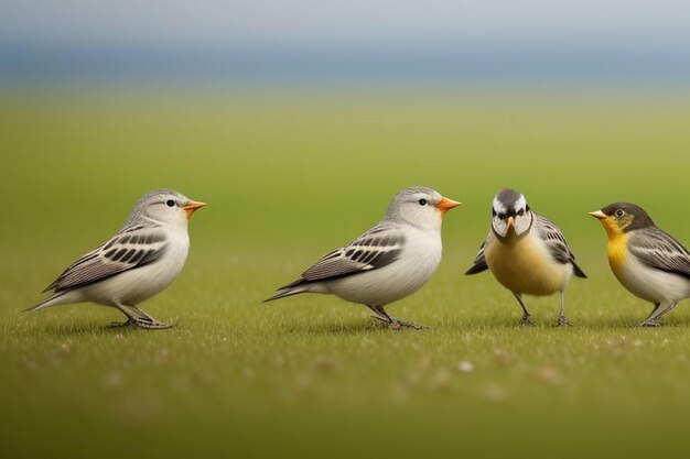 Foto los pájaros divertidos se sientan en una rama en un parque soleado de primavera y chirriando