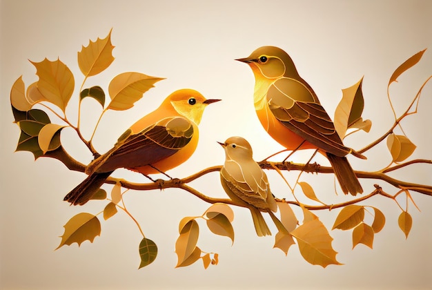 Pájaros dorados pintados en una rama con hojas IA generativa