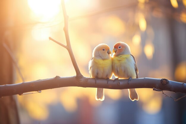 Foto los pájaros enamorados bañados en la luz dorada del sol en una rama acogedora