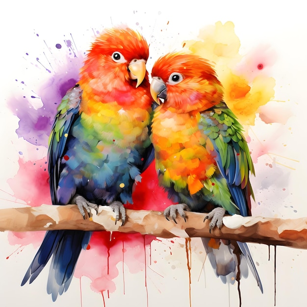 Los pájaros enamorados una pareja sentada en la rama verde azul acuarela Ilustración de pájaros
