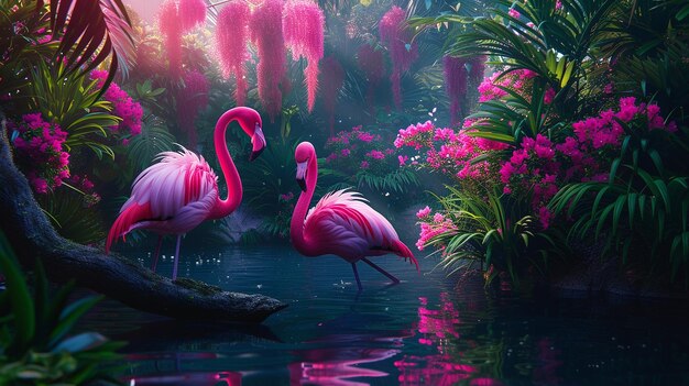 Foto los pájaros flamencos rosados de color neón generados por la ia se relajan en un estanque de jardín.