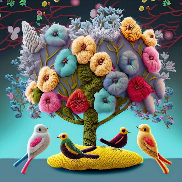 pájaros y flores coloridos de lana