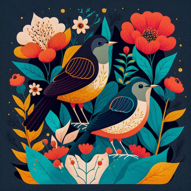 Pájaros y flores patrón plano illustartion colorido retro textura granular