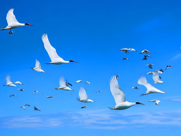 Los pájaros de la Gaceta Egretta vuelan en filas en el cielo