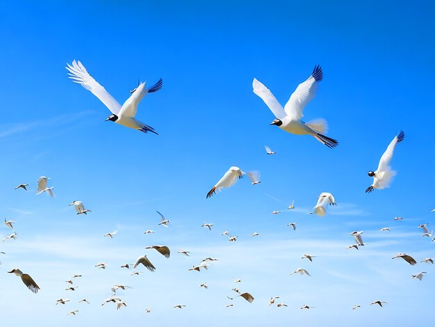 Foto los pájaros de la gaceta egretta vuelan en filas en el cielo