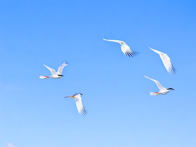 Los pájaros de la Gaceta Egretta vuelan en filas en el cielo