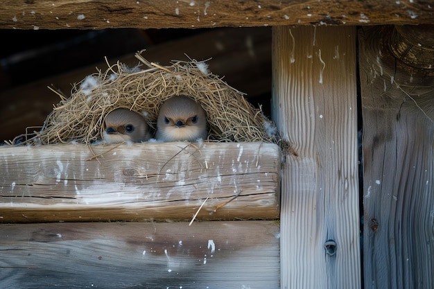 Los pájaros gemelos se anidan en un acogedor nido escondido