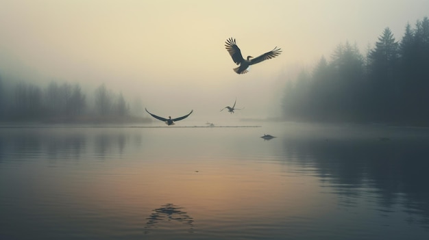 pájaros en un lago en la niebla