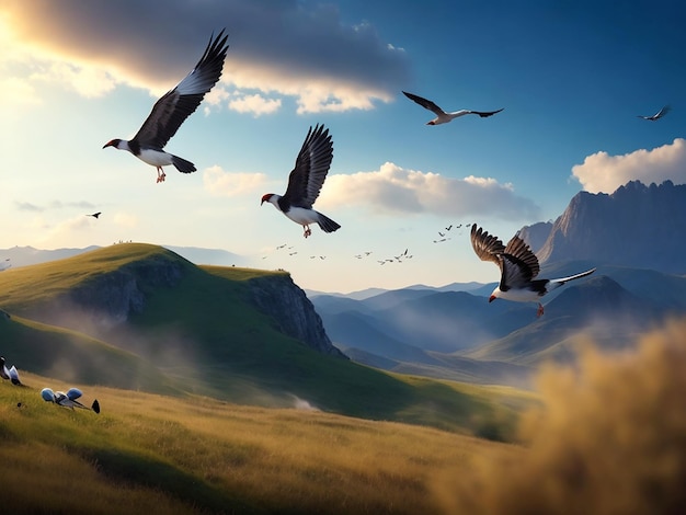 Los pájaros de la libertad volando en la colina