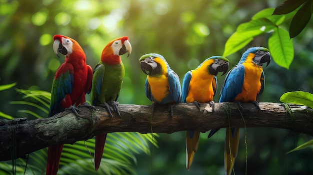 Los pájaros loro macaw en una rama de un árbol en la jungla