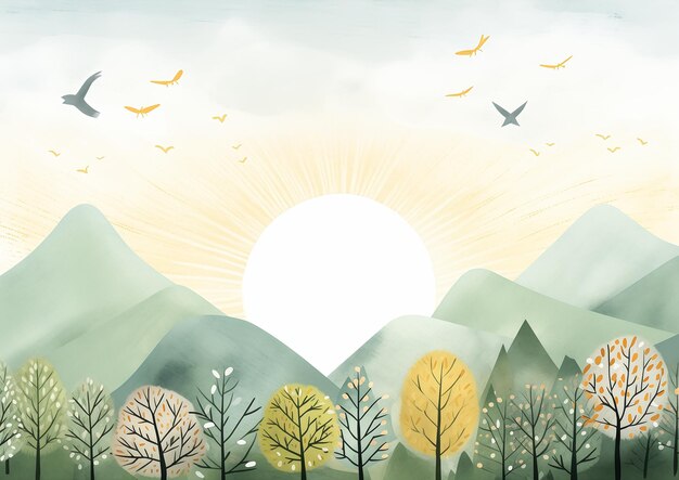 Foto pájaros de montaña volando rayos de sol ilustración princesa sol cielo fuerte bosque marchitante ilustrador