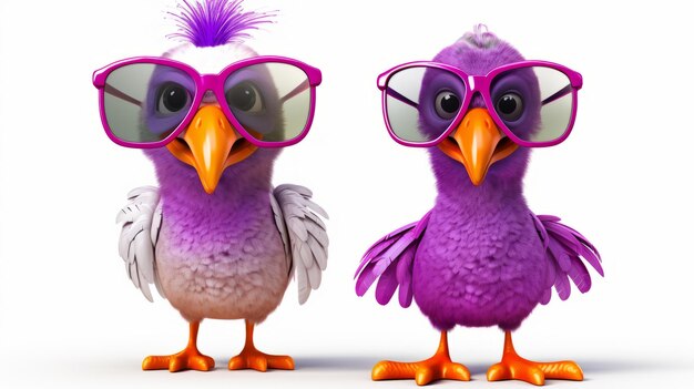 Pájaros morados innovadores y juguetones con gafas de sol Ilustración de alta resolución
