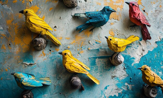 Pájaros de papel coloridos de bricolaje sentados sobre fondo rústico