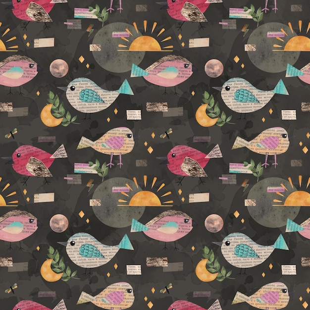 Pájaros de periódico Collage Ilustración acuarela Patrón sin costuras