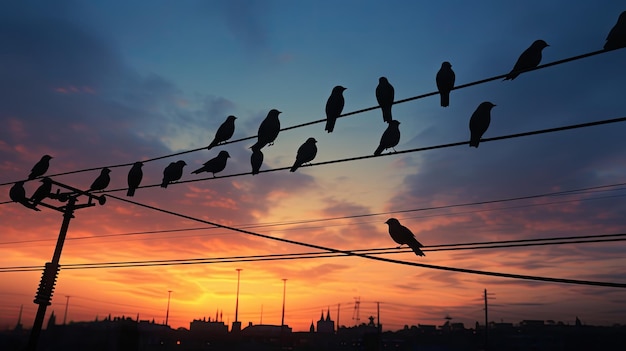 pájaros posados en cables