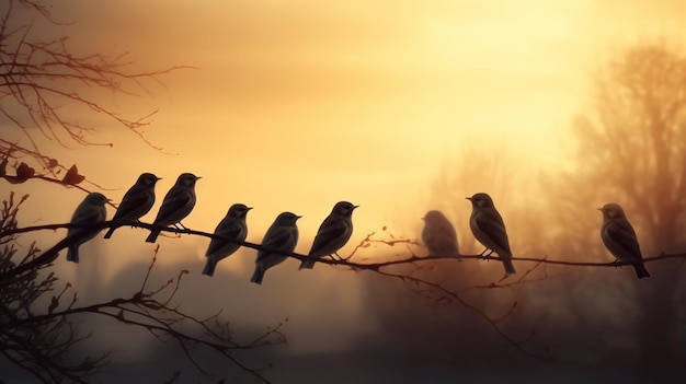 Pájaros en una rama con un atardecer de fondo