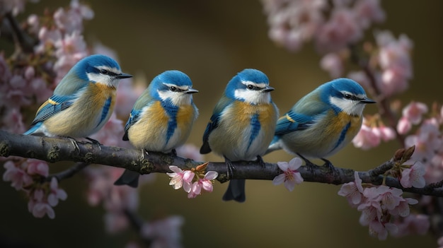 Pájaros en una rama con flores rosas.