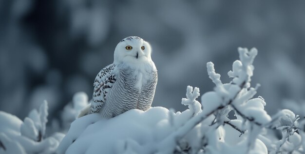 pájaros en una rama pájaro en una rama gran búho de cuernos Diseñar una escena realista de un búho de nieve