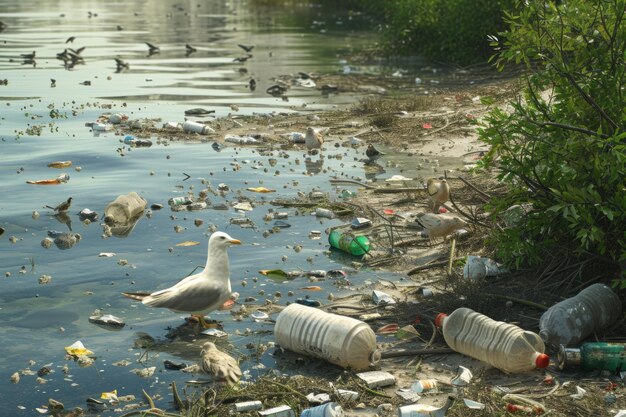 Foto los pájaros en el río entre la basura