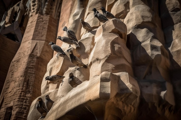 Pájaros en una roca frente a una catedral