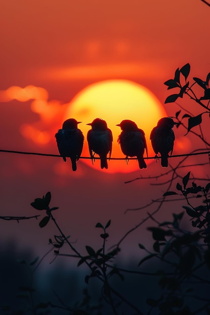 Los pájaros sentados en un alambre como silueta de sombra proyectada en una línea Foto creativa de fondo elegante