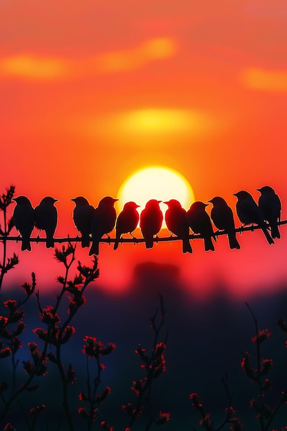 Los pájaros sentados en un alambre como silueta de sombra proyectada en una línea Foto creativa de fondo elegante