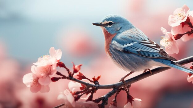 Pájaros sentados en un árbol lleno de flores de cerezo IA generativa