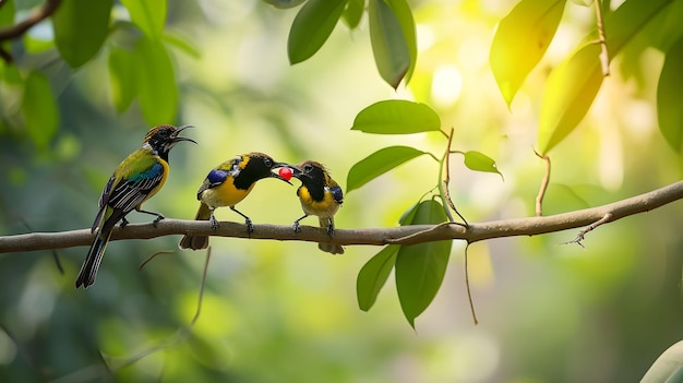 Los pájaros del sol con espaldas de olivo pastan a los jóvenes en una rama