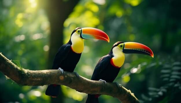 Los pájaros tucanes posados en las ramas con un fondo borroso de vegetación verde